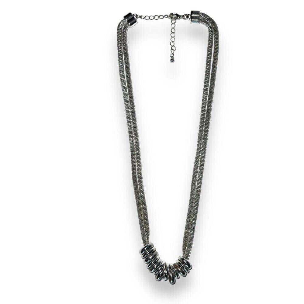Silver Tone Serpentine Multi Strand and Ring Pendants Choker Necklace
